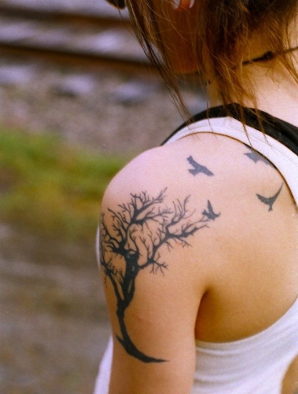 Adorable Birds And Tree Shoulder Tattoo