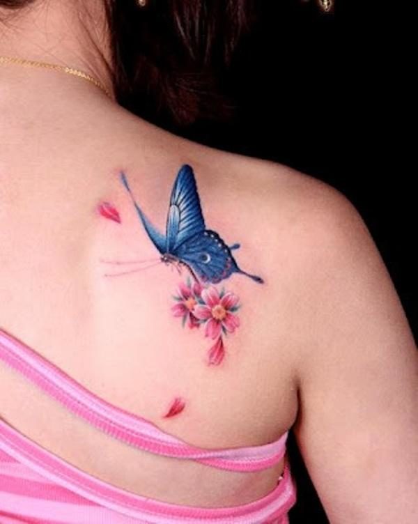 Flying Butterfly and flower tattoo on shoulder