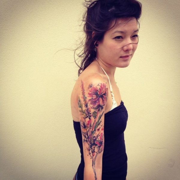 Adorable Flowers Sleeve Shoulder Tattoo