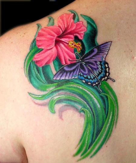 Amazing Butterfly And Flower Tattoo