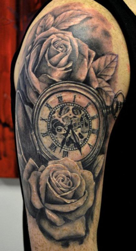 Amazing Clock And Rose Tattoo Design