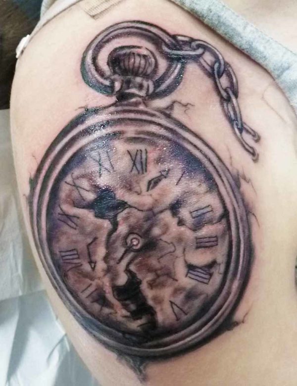 Amazing Clock Shoulder Tattoo Design