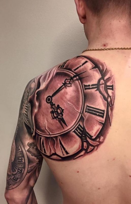 Amazing Clock Tattoo Design On Shoulder Back