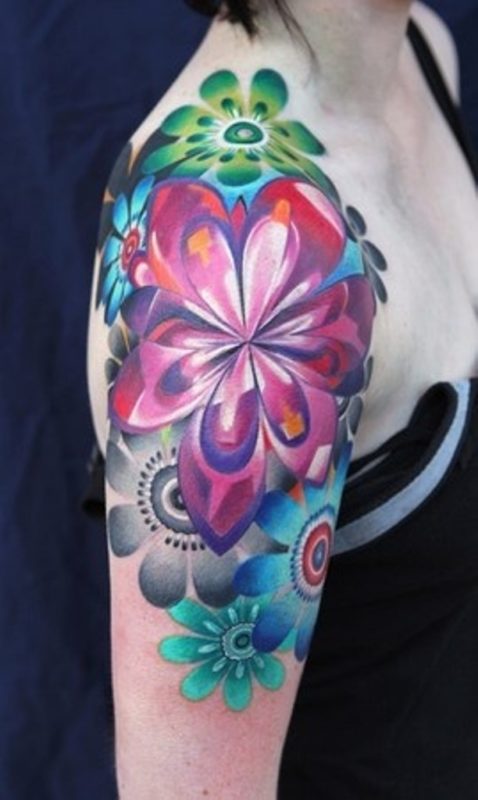Amazing Colored Flower Shoulder Tattoo