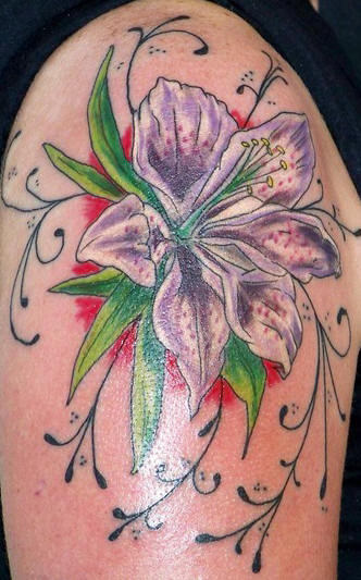 Amazing Lily Tattoo On Left Shoulder 