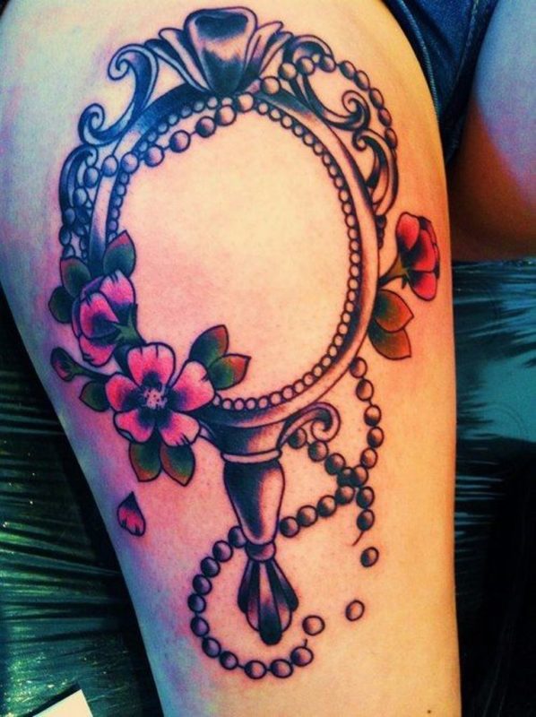 Amazing Mirror And Flower Vintage Tattoo