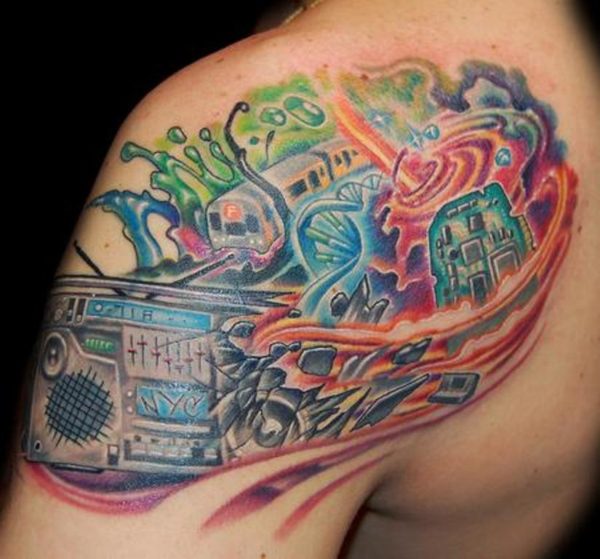 Amazing Music Tattoo On Shoulder Tattoo