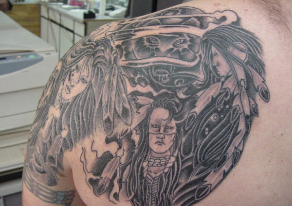 Amazing Native Tattoo On Back Shoulder