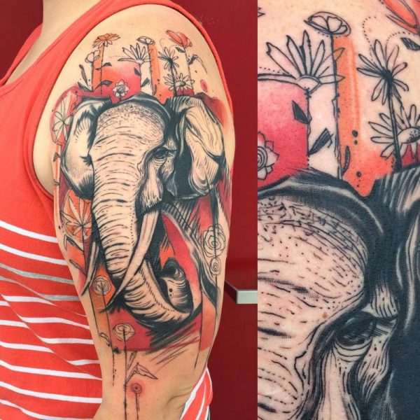 Amazing Red Color Elephant Tattoo