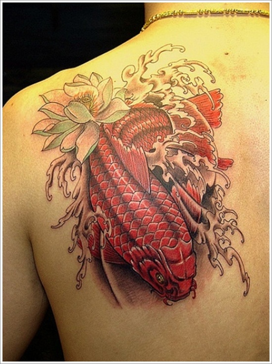 Amazing Red Fish Tattoo On Shoulder