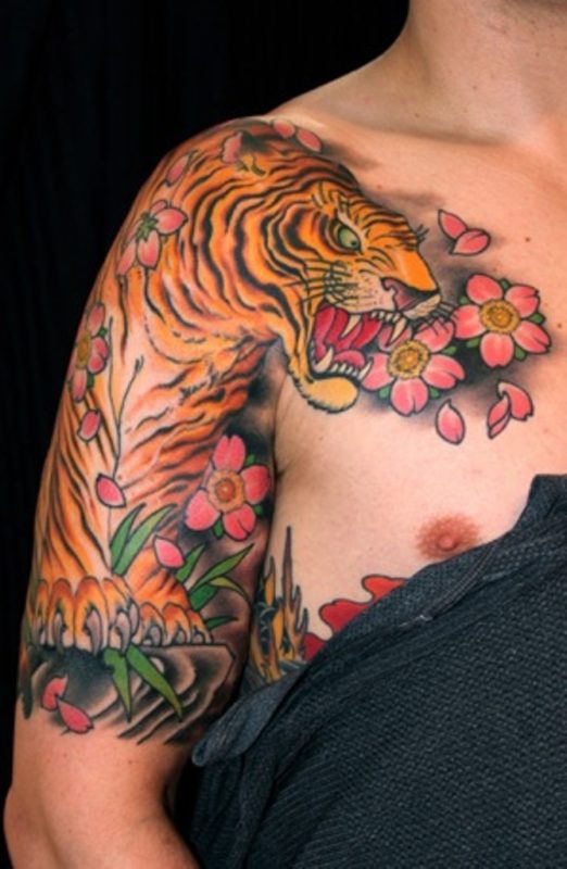 Amazing Tiger And Flower Tattoo