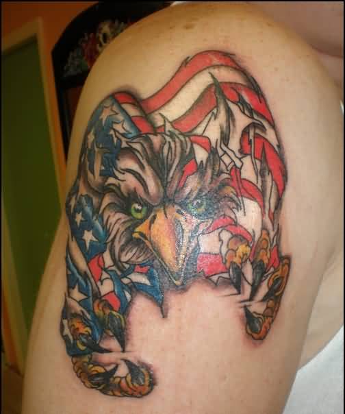 American Eagle Ripped Skin Tattoo On Right Shoulder
