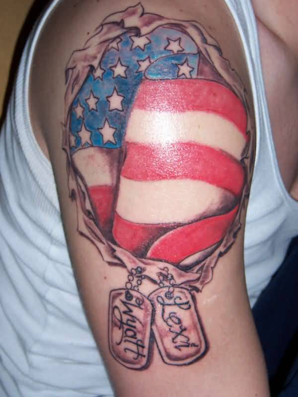 American Flag And Dog Ripped Skin Tattoo