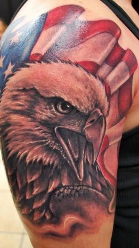 American Flag And Eagle Tattoo On Shoulder
