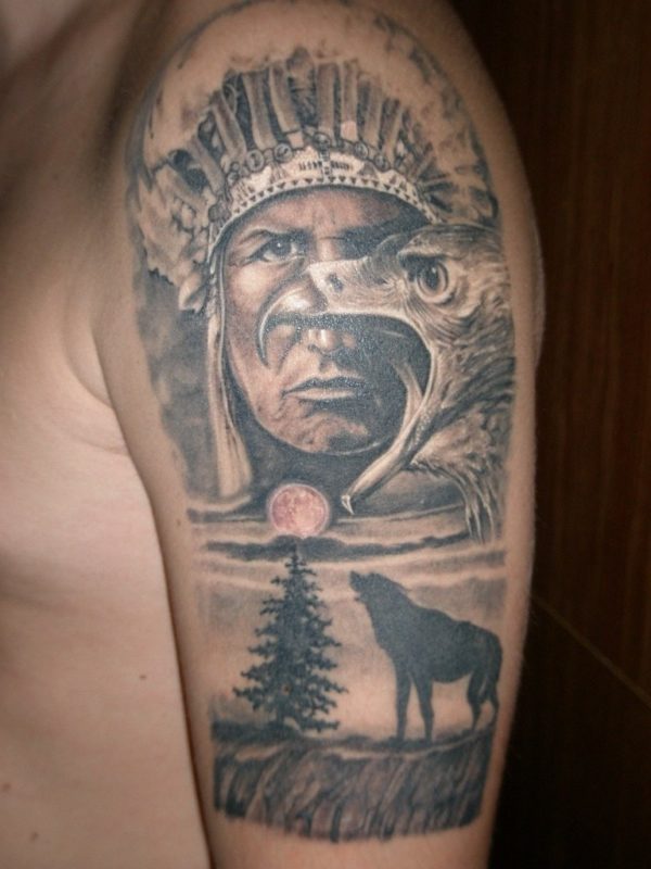 American Man With Wolf And Eagle Tattoo