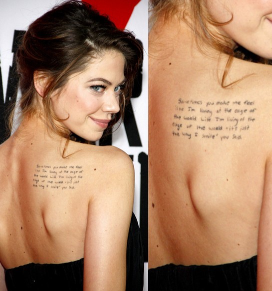 Analeigh Tipton  Lettering Tattoo on Shoulder Blade
