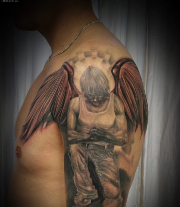 Angel Boy Tattoo On Shoulder