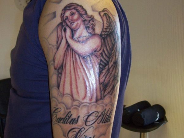 Angel In Clouds Shoulder Tattoo Design
