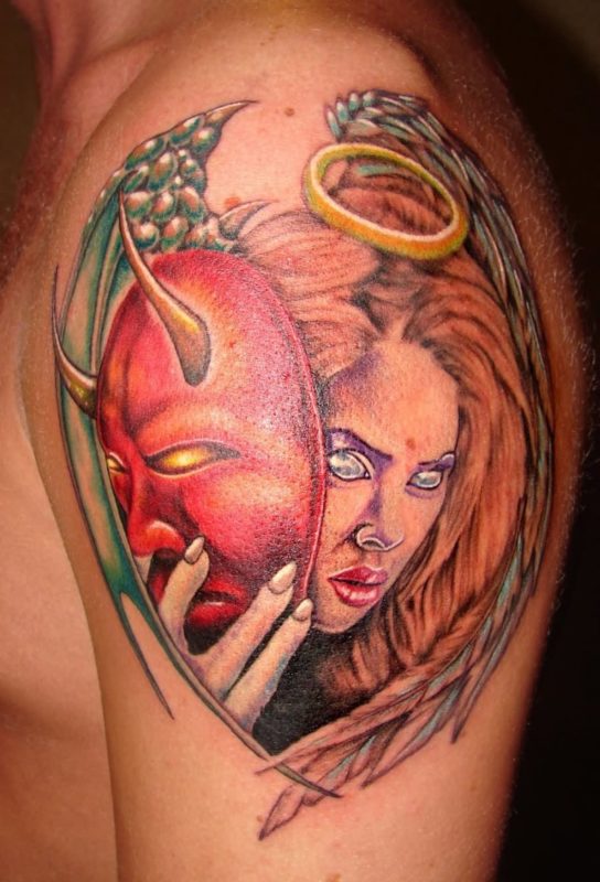 Angel With Devil Mask Tattoo