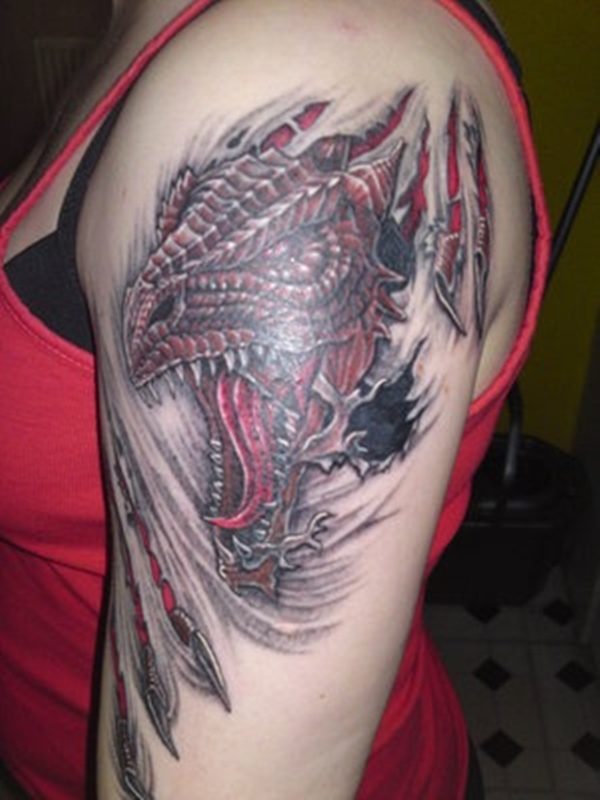 Angry Red Colored Dragon Tattoo Design