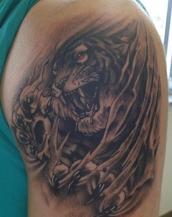 Angry Tiger Rip Skin Tattoo
