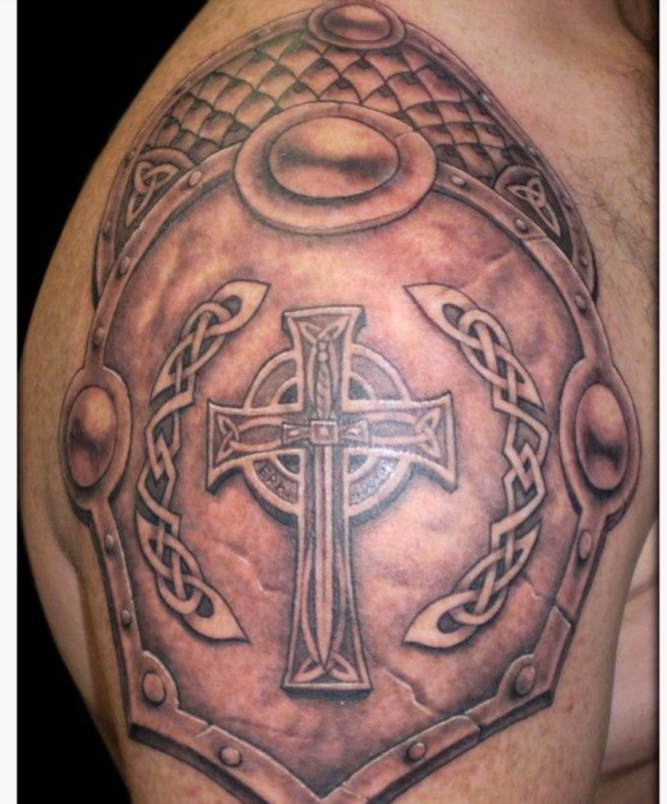 Armor Cross Shoulder Tattoo Design