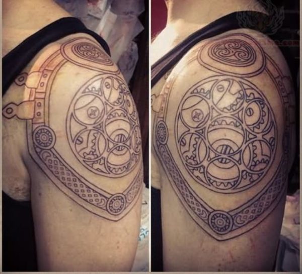 Armour Tattoo On Left Shoulder