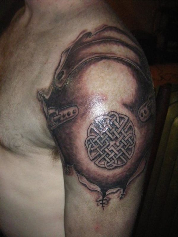 Armour Tattoo On Left Shoulder