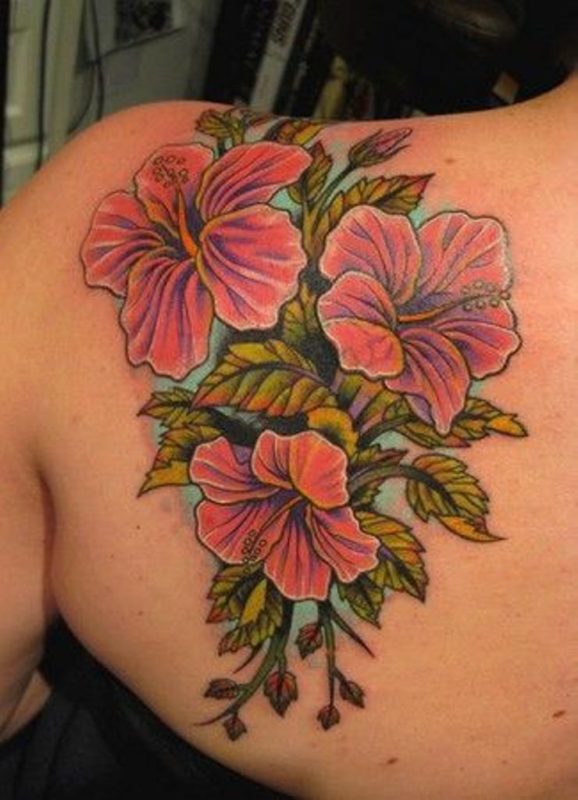 Attractive Hibiscus Flowers Tattoo On Left Back Shoulder