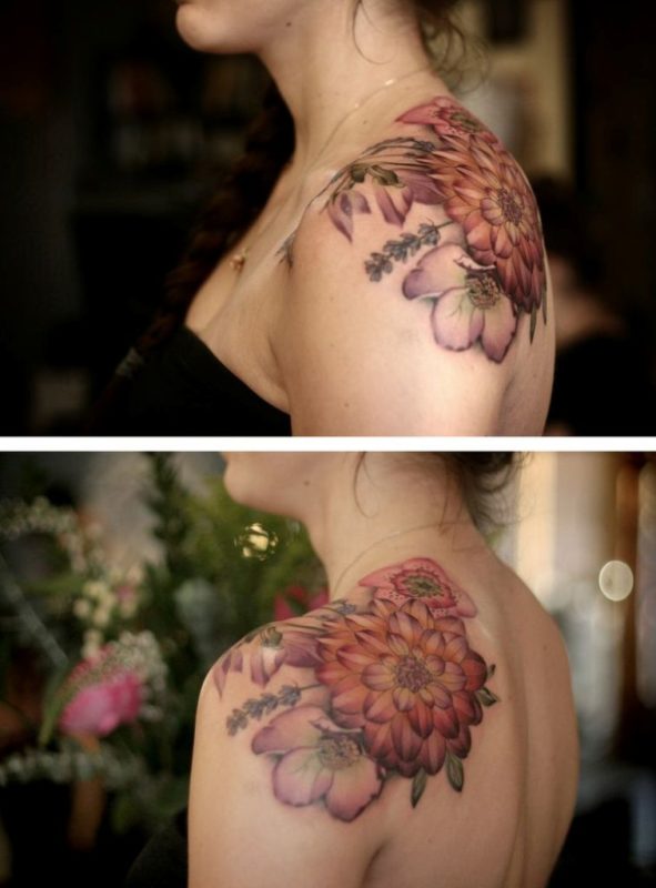 Awesome Dahlia Vintage Shoulder Tattoo