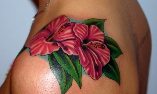 Awesome Hibiscus Flowers Tattoo Design For Shoulder