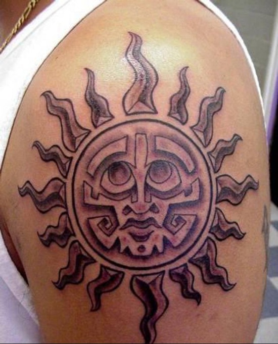 Aztec Sun Tattoo On Shoulder