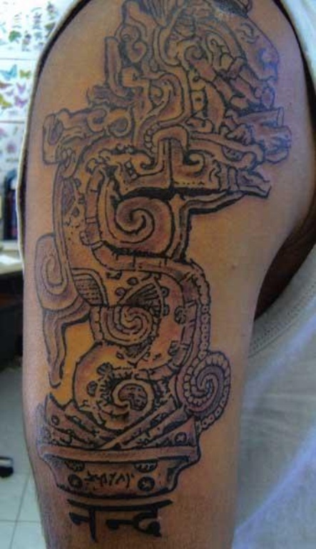 Aztec Tattoo On Right Shoulder