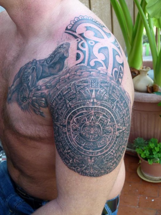 Aztec Tribal Tattoo On Left Shoulder 