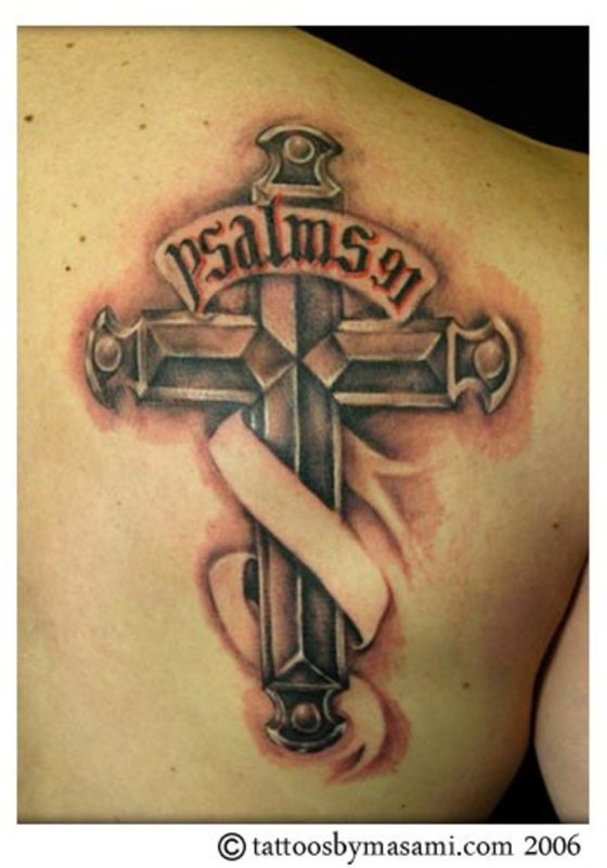Back Shoulder Realistic Christian Cross Tattoo