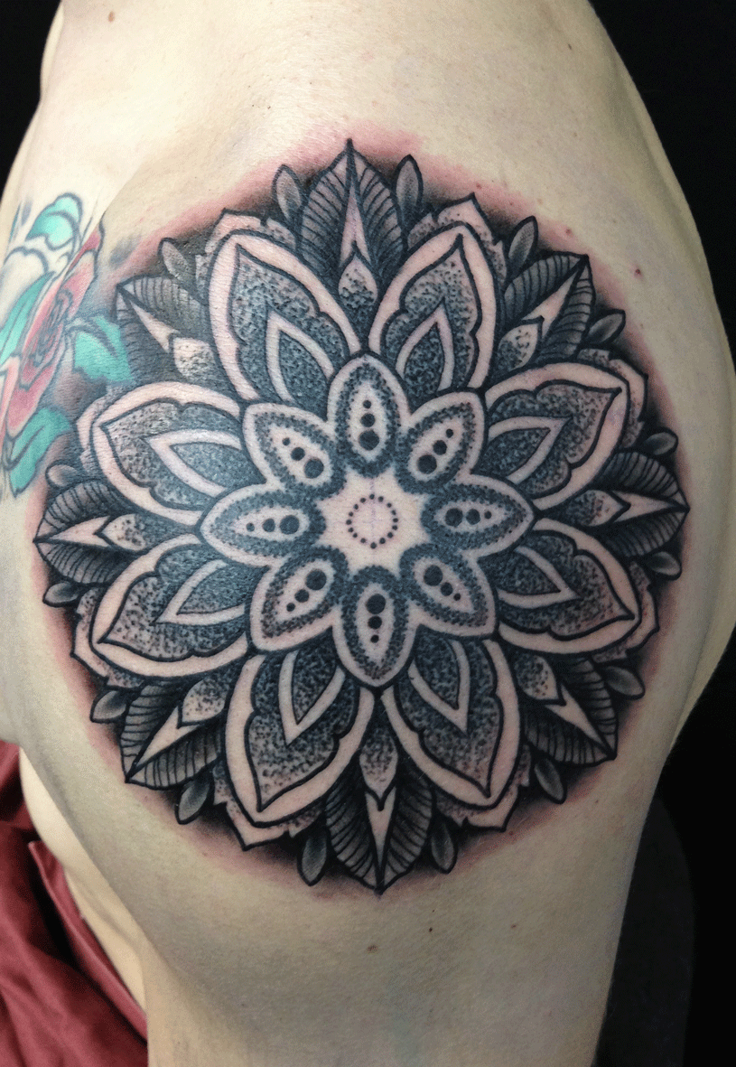 Black And Grey Designer Tattoo On Left Shoulder