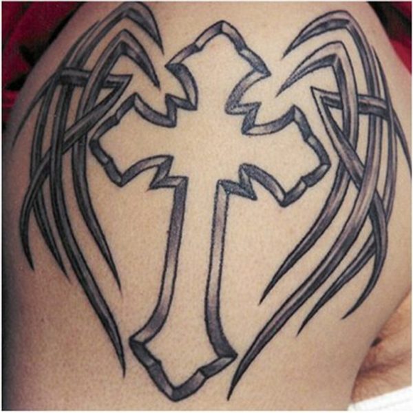 Black Cross Tattoo On Left Shoulder