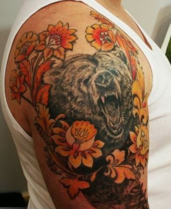 Bear And Flowers Tattoo Design