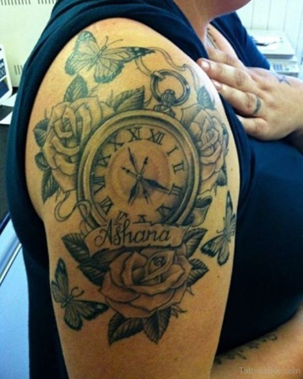 Beautiful Roses And Clock Tattoo