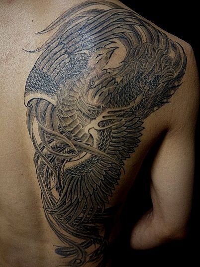 Beautiful Black Phoenix Tattoo On Shoulder Back