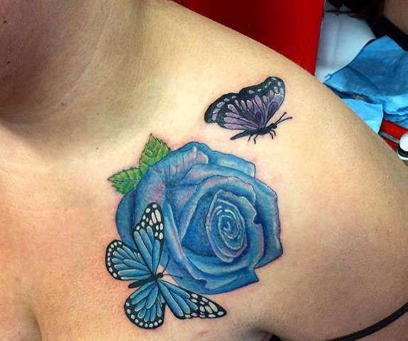 Beautiful Blue Rose And Butterflies Tattoo