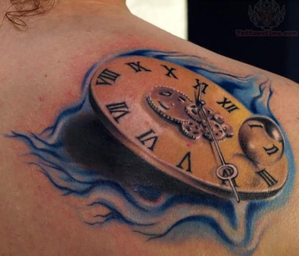 Beautiful Clock Tattoo Design On On Shoulder Back