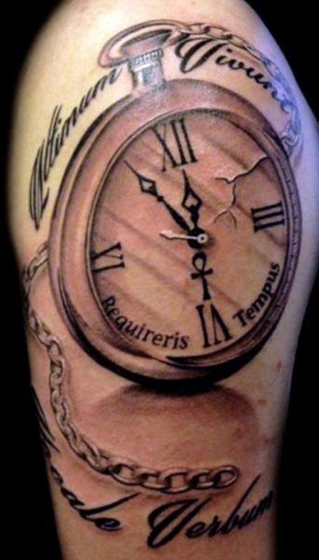 Beautiful Clock Tattoo On Right Shoulder