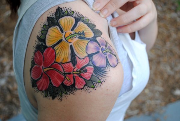 Beautiful Colorful Hibiscus Flower Tattoo