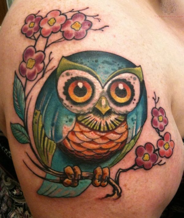 Beautiful Flowers And Owl Tattoo