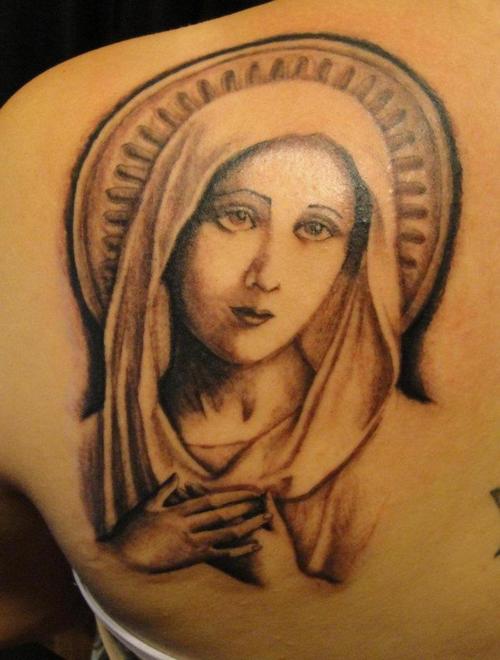 Beautiful Mary Tattoo On Shoulder