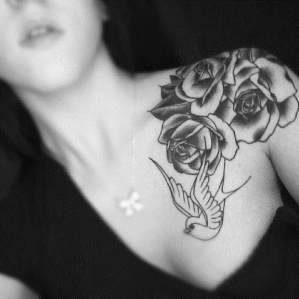 Bird And Black Rose Flower Tattoo