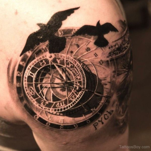 Bird And Clock Shoulder Tattoo