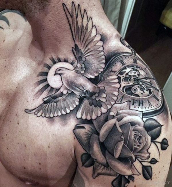 Bird And Clock Tattoo On Shoulder