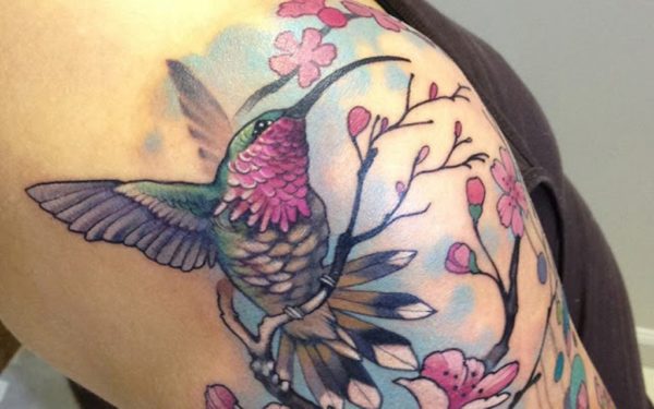 Bird And Flower Tattoo On Shoulder